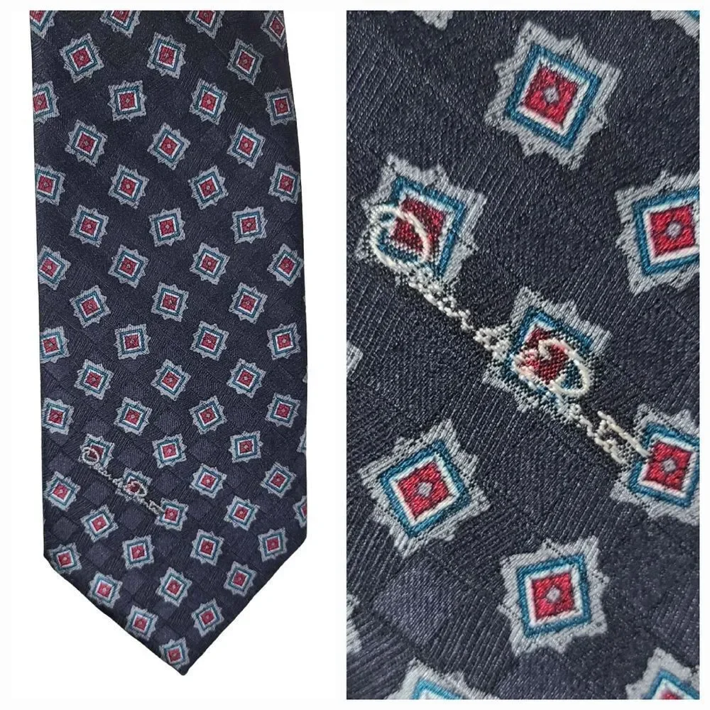 Oscar de la Renta Studio Vintage Silk Blend Medallion Tie Navy Luxury Necktie